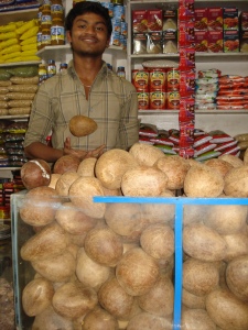 Mature coconut meat is sold in the market whole, with the shell removed. I buy my coconut with the shell, as the meat is fresher than that above.